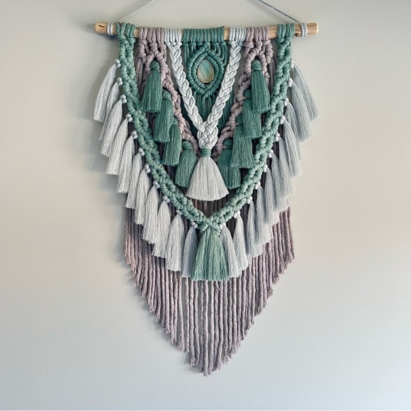 Boho macrame wall hanging with natural gemstone and tassels - Picture 2 of 4